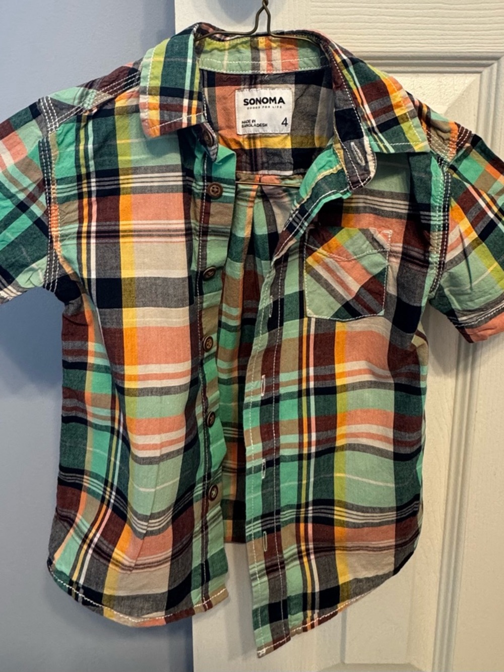 2 / $12 👕 Sonoma Boys' Mint Green and Coral Plaid Short-Sleeve Button-Down Shirt
